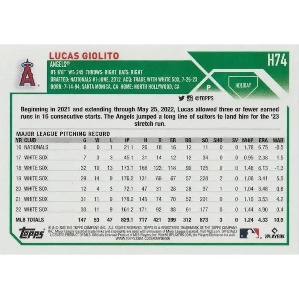 2023 Topps Holiday Lucas Giolito H74 Los Angeles Angels